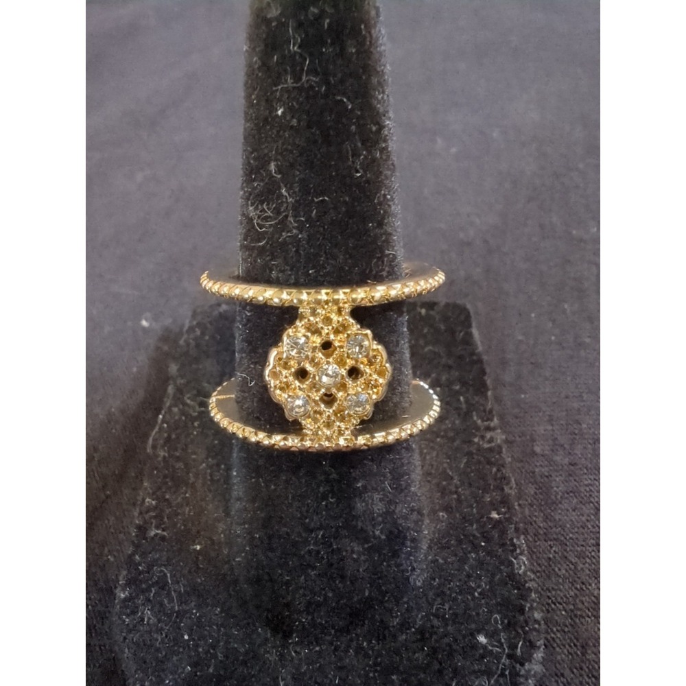 Vintage Gold Toned Double Stack Ring with Clear Rhinestones
